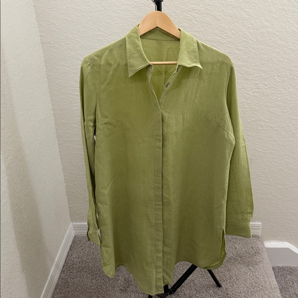 Green Button-Up Shirt 100% linen